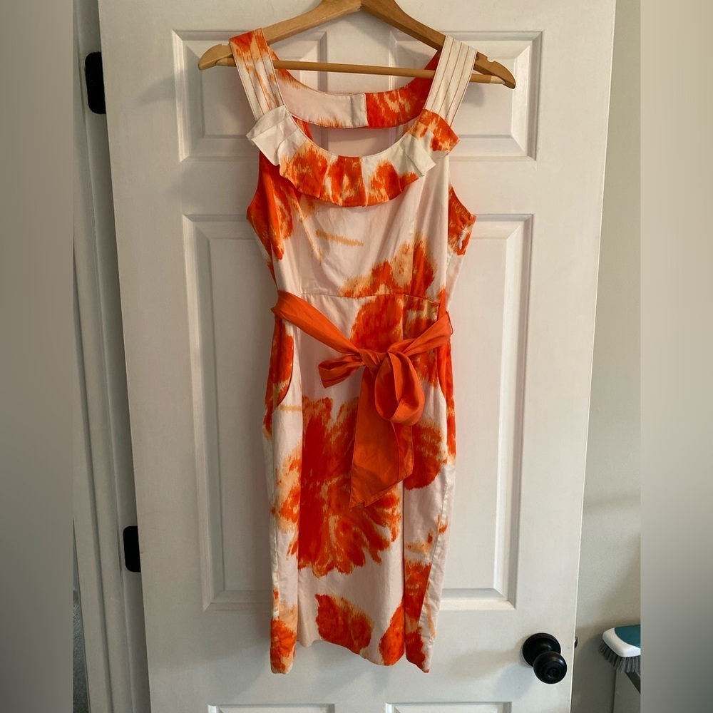 Moulinette Soeurs Anthropologie Orange and White Belted Summer Dress Size 4